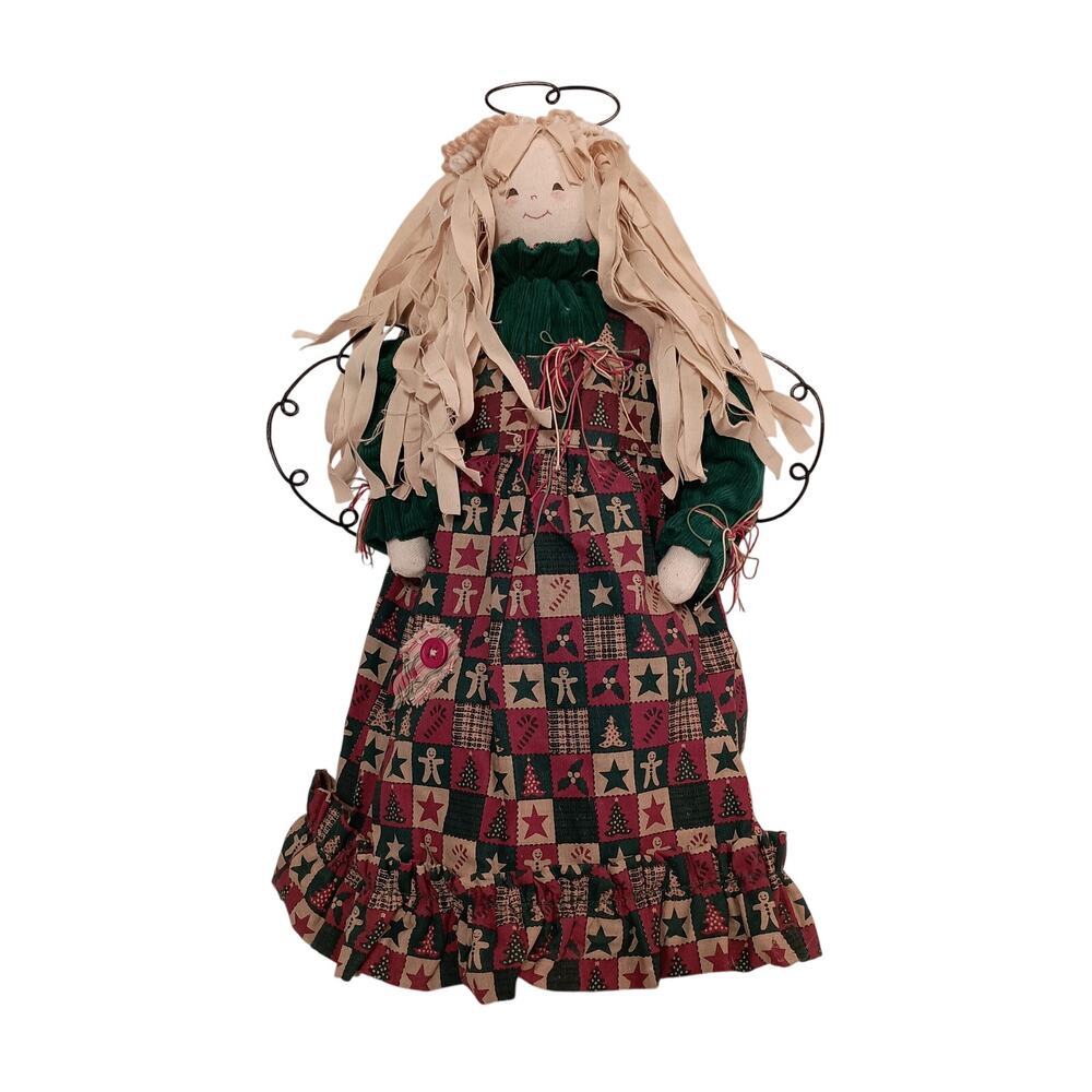 Vintage Angel Tree Topper, Rag Doll, Christmas Dress, Country Theme Size 16"